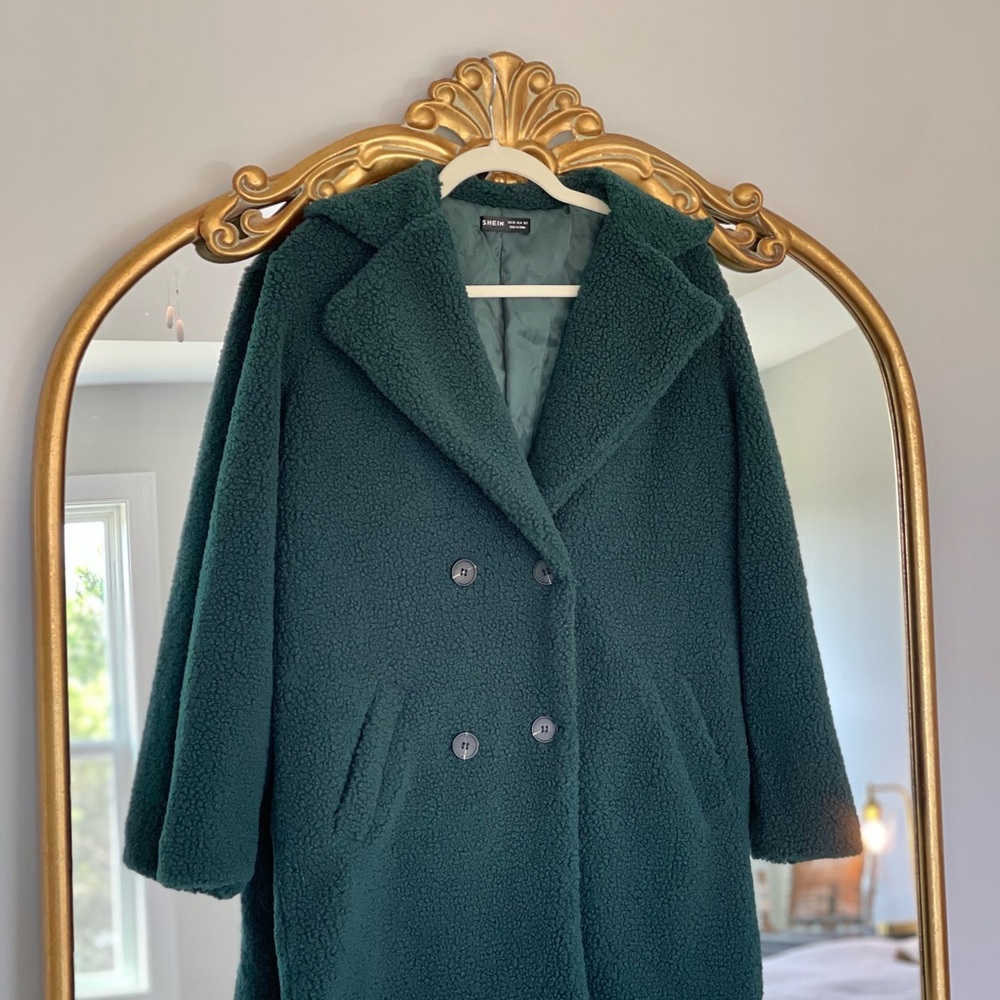 Green Lapel Neck Double Button Teddy Coat